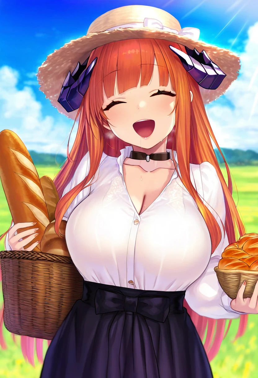 (henreader),yapo \(croquis side\),satou kuuki,[[asanagi]],[[[[sugoihi]]],[shiokonbu], - 1girl,bagpipe \(arknights\),arknights,baguette,blush,bread,croissant,holding basket,pretzel,upper body,straw hat,field,sky,laughing,sweat,sunlight,
