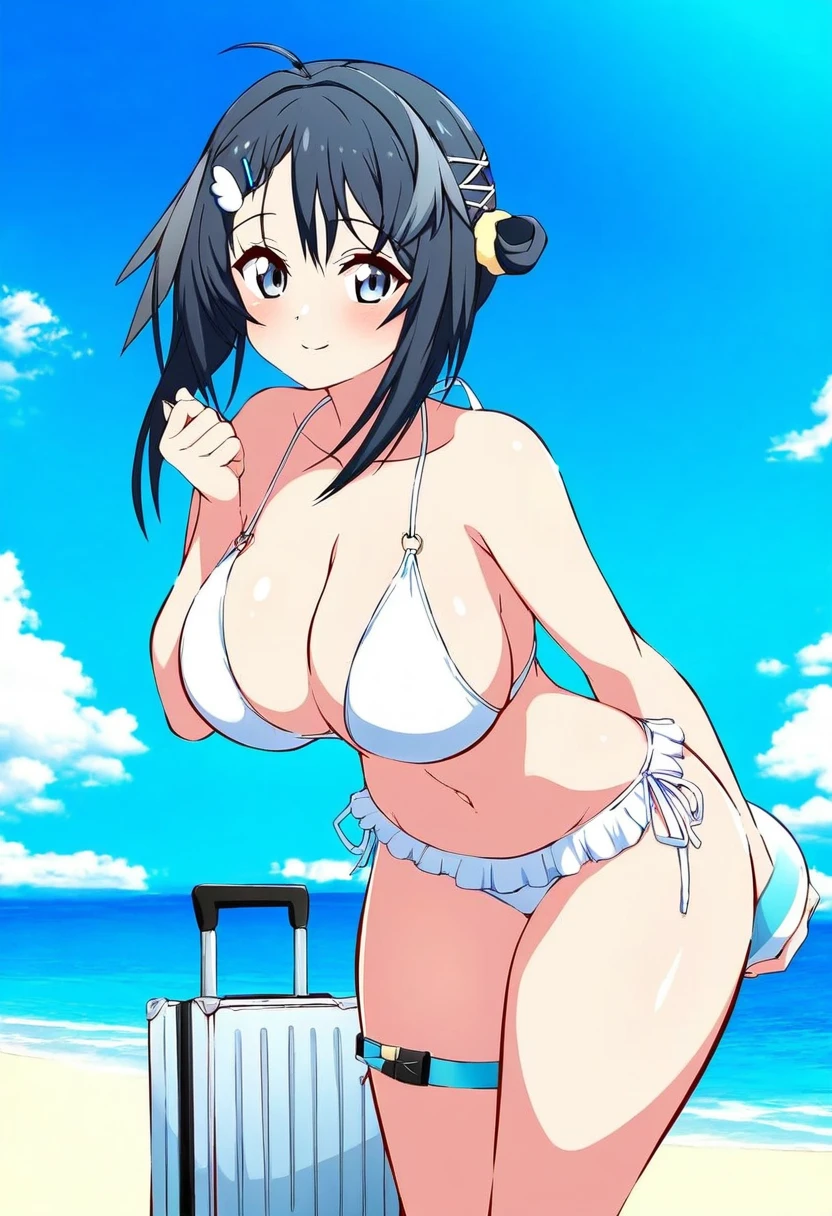 blue-senpai,[[[[[tsukareta san]]]]],[[[[[[[[[aikome \(haikome\)]]]]]]]]], - 1girl,la pluma \(summer flowers\) \(arknights\),arknights,white bikini,outdoors,navel,day,sky,blue sky,beach,suitcase,looking at viewer,ocean,low-tied long hair,leaning forward,standing,holding,frills,hand up,bare shoulders,floating hair,