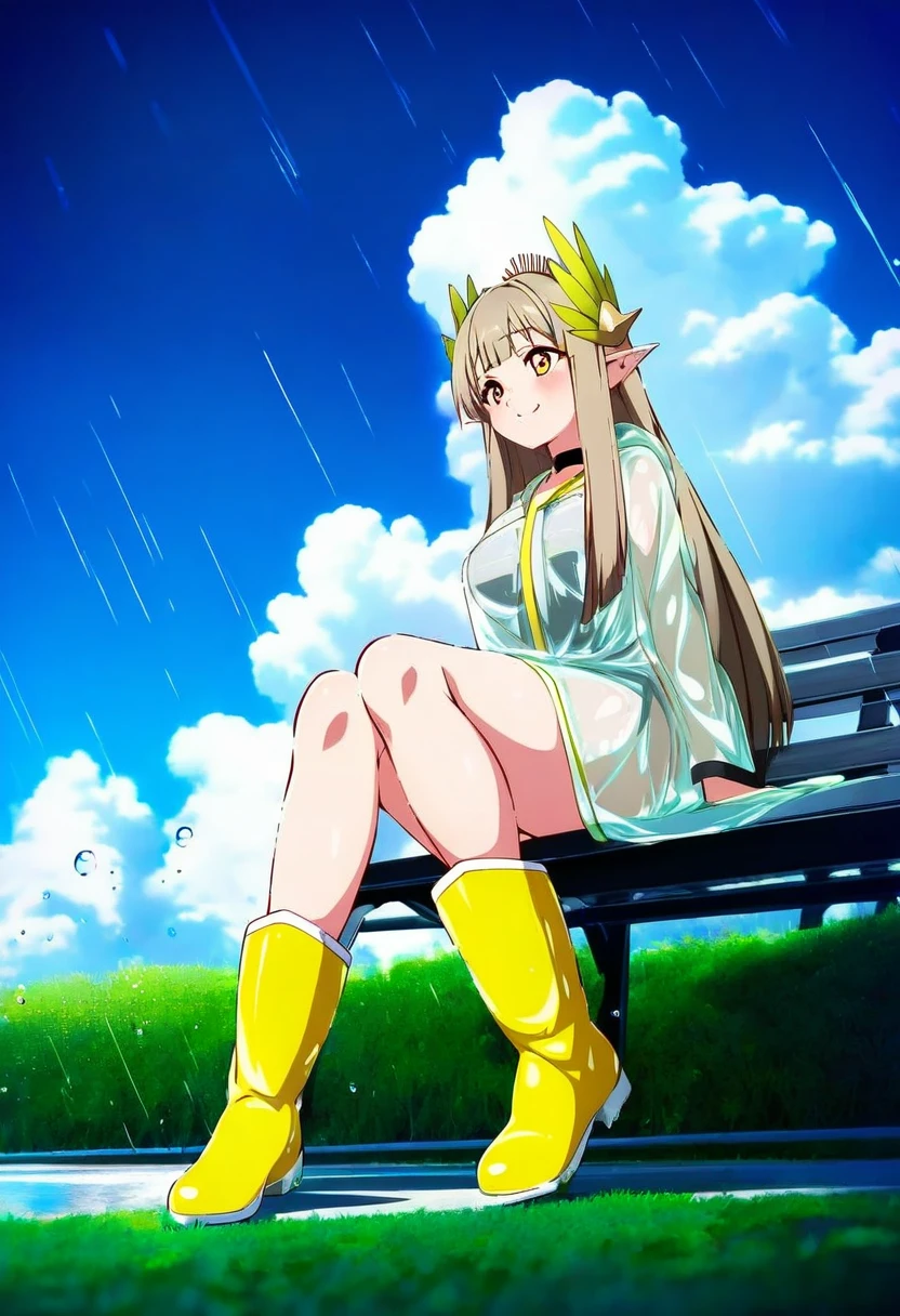 blue-senpai,[[[[[tsukareta san]]]]],[[[[[[[[[aikome \(haikome\)]]]]]]]]], - 1girl,muelsyse \(arknights\),arknights,cloudy sky,grass,on bench,outdoors,rain,road,yellow rubber boots,see-through coat,sitting,transparent raincoat,water drop,