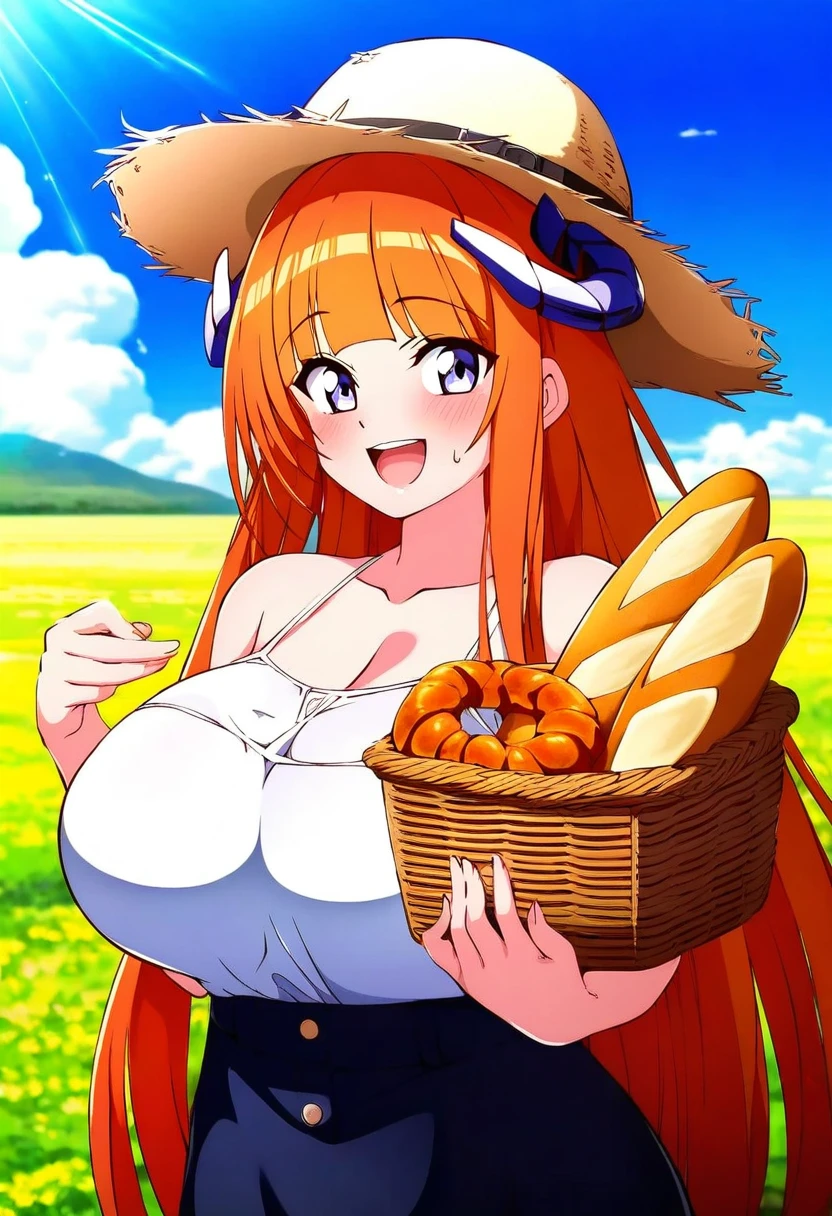 blue-senpai,[[[[[tsukareta san]]]]],[[[[[[[[[aikome \(haikome\)]]]]]]]]], - 1girl,bagpipe \(arknights\),arknights,baguette,blush,bread,croissant,holding basket,pretzel,upper body,straw hat,field,sky,laughing,sweat,sunlight,