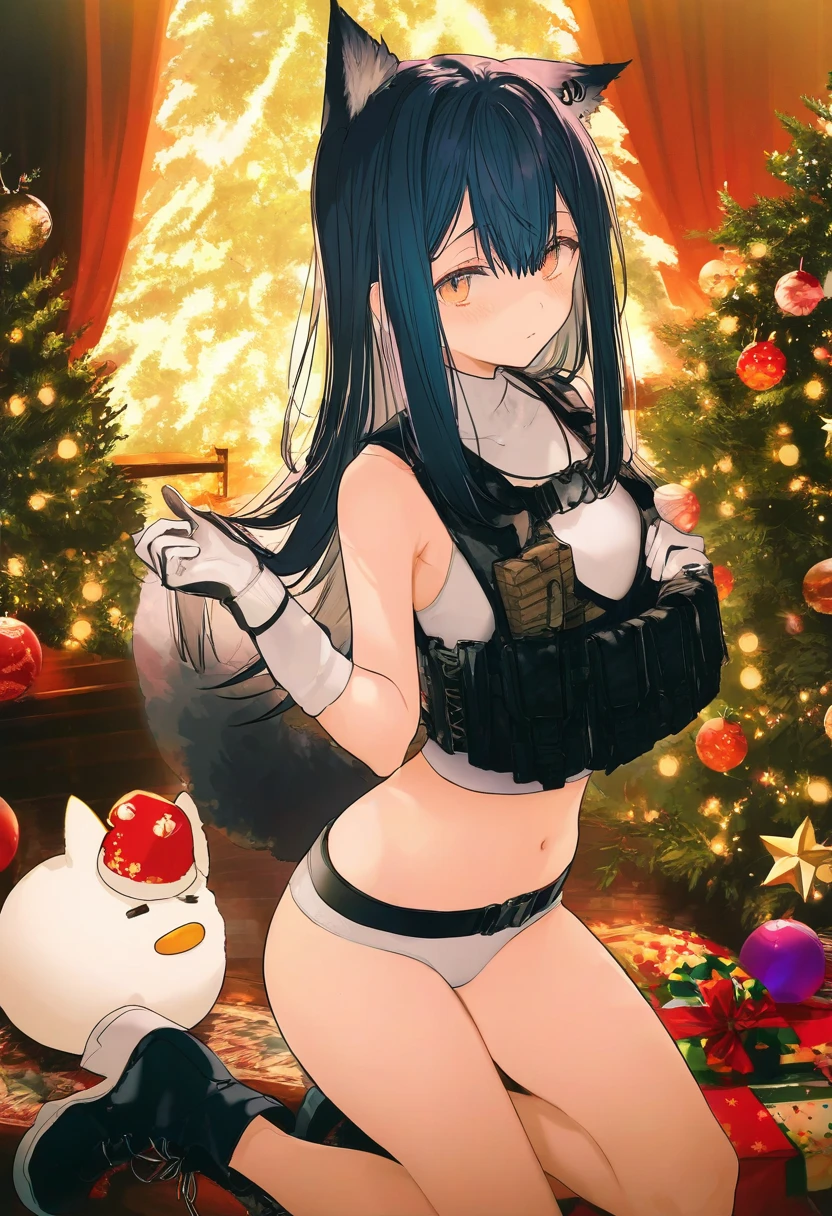 [kurumi \(recycllamo\)],mika pikazo,kazutake hazano,[kedama milk],[ask \(askzy\)],wanke,fujiyama, - 1girl,texas \(arknights\),arknights,underwear,tactical vest,christmas tree,christmas ornaments,