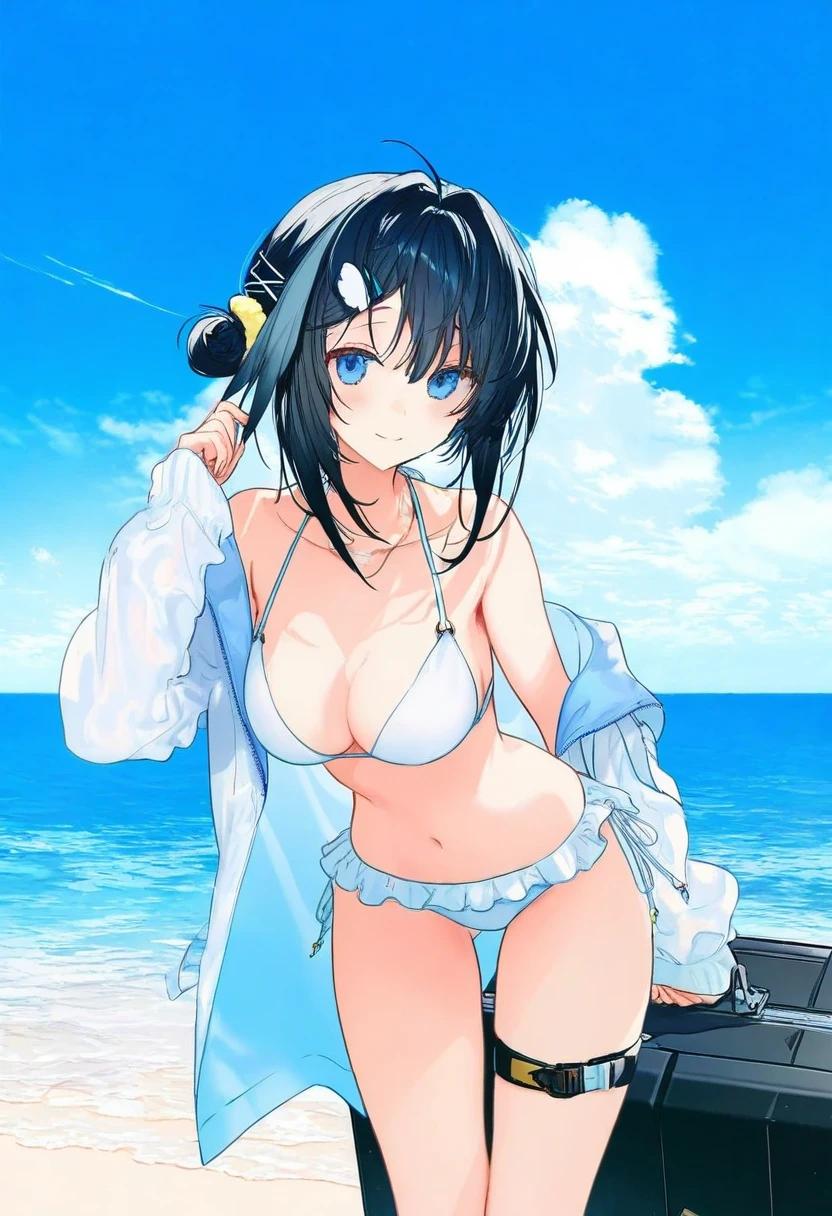 [kurumi \(recycllamo\)],mika pikazo,kazutake hazano,[kedama milk],[ask \(askzy\)],wanke,fujiyama, - 1girl,la pluma \(summer flowers\) \(arknights\),arknights,white bikini,outdoors,navel,day,sky,blue sky,beach,suitcase,looking at viewer,ocean,low-tied long hair,leaning forward,standing,holding,frills,hand up,bare shoulders,floating hair,