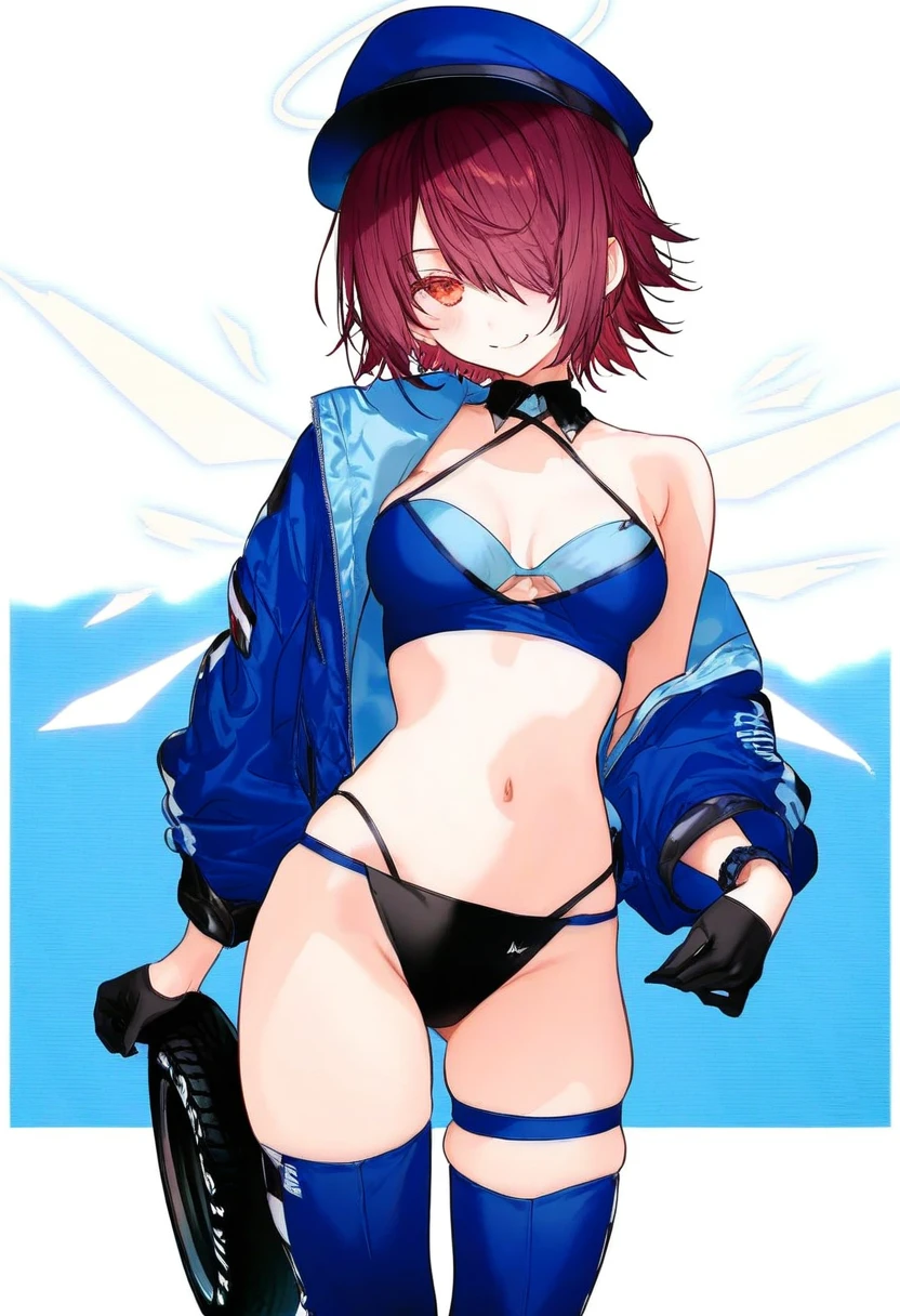 [kurumi \(recycllamo\)],mika pikazo,kazutake hazano,[kedama milk],[ask \(askzy\)],wanke,fujiyama, - 1girl,exusiai \(arknights\),arknights,black gloves,black panties,blue thigh boots,blue hat,blue jacket,long sleeves,race queen,thigh strap,thong,single bare shoulder,skindentation,tire,