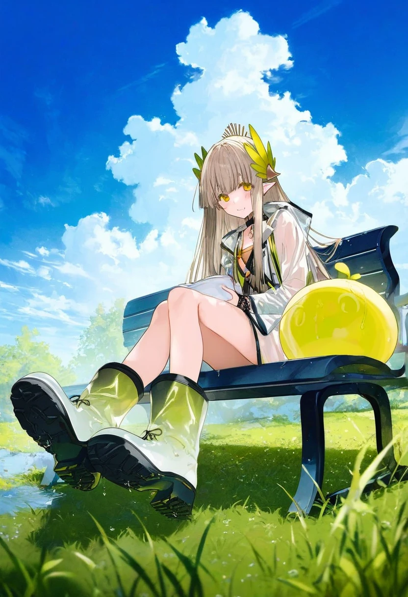 [kurumi \(recycllamo\)],mika pikazo,kazutake hazano,[kedama milk],[ask \(askzy\)],wanke,fujiyama, - 1girl,muelsyse \(arknights\),arknights,cloudy sky,grass,on bench,outdoors,rain,road,yellow rubber boots,see-through coat,sitting,transparent raincoat,water drop,