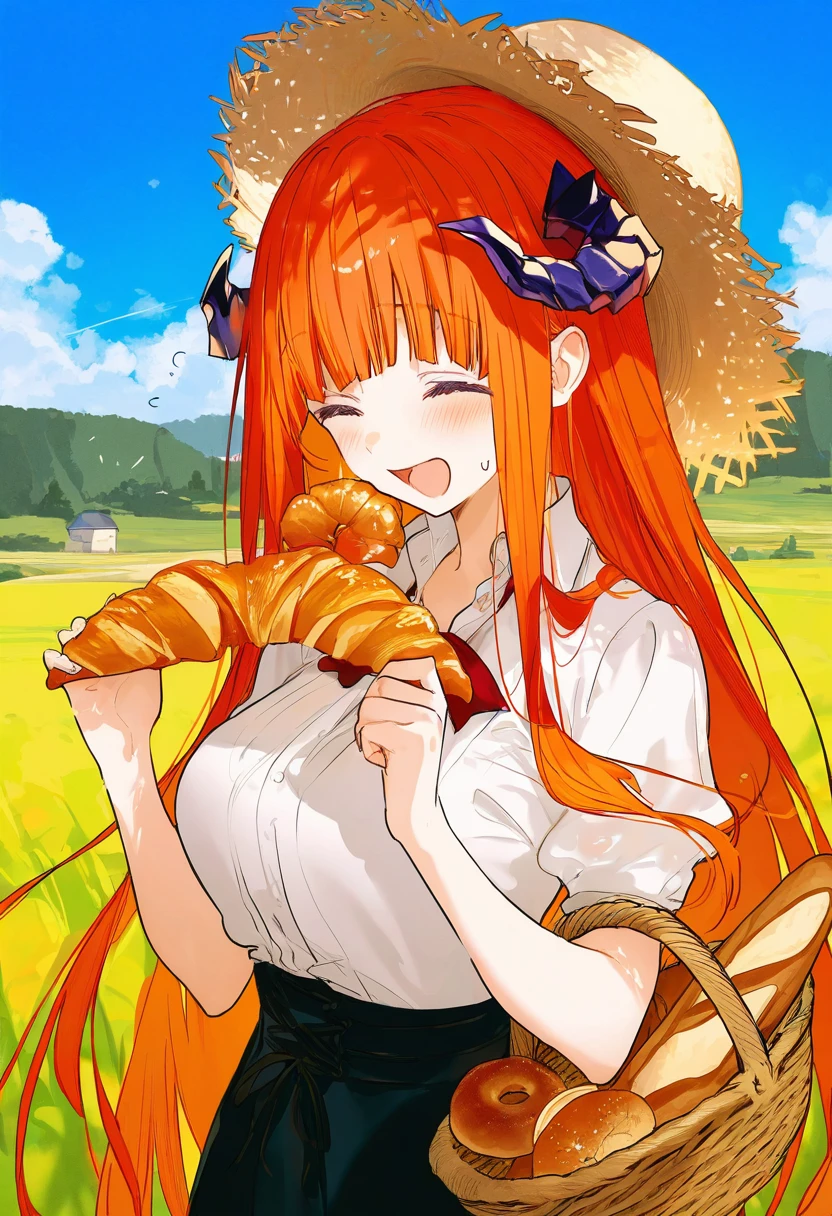 [kurumi \(recycllamo\)],mika pikazo,kazutake hazano,[kedama milk],[ask \(askzy\)],wanke,fujiyama, - 1girl,bagpipe \(arknights\),arknights,baguette,blush,bread,croissant,holding basket,pretzel,upper body,straw hat,field,sky,laughing,sweat,sunlight,