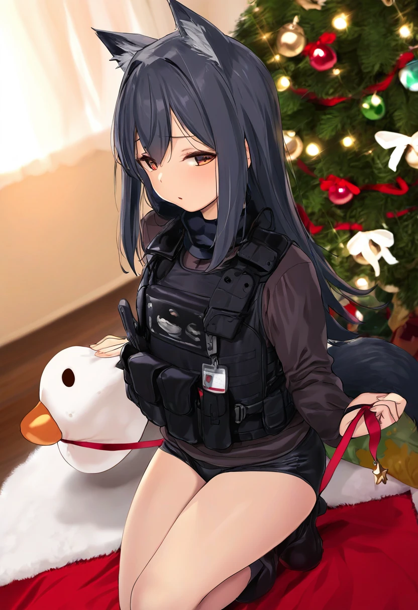 (yd,satou kuuki),kedama milk,[[[sho \(sho lwlw\)],ke-ta]], - 1girl,texas \(arknights\),arknights,underwear,tactical vest,christmas tree,christmas ornaments,