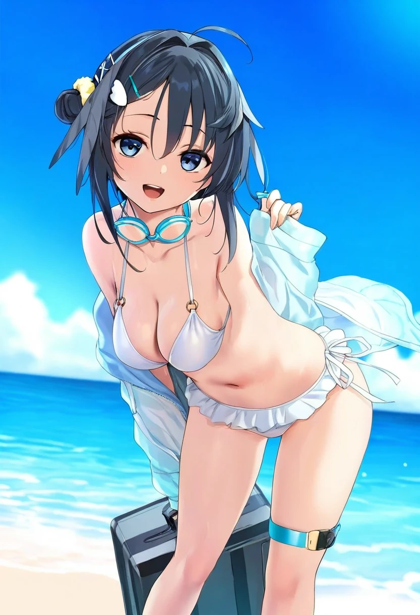 (yd,satou kuuki),kedama milk,[[[sho \(sho lwlw\)],ke-ta]], - 1girl,la pluma \(summer flowers\) \(arknights\),arknights,white bikini,outdoors,navel,day,sky,blue sky,beach,suitcase,looking at viewer,ocean,low-tied long hair,leaning forward,standing,holding,frills,hand up,bare shoulders,floating hair,