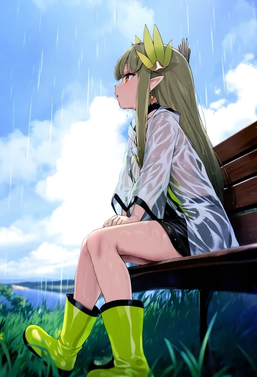 (yd,satou kuuki),kedama milk,[[[sho \(sho lwlw\)],ke-ta]], - 1girl,muelsyse \(arknights\),arknights,cloudy sky,grass,on bench,outdoors,rain,road,yellow rubber boots,see-through coat,sitting,transparent raincoat,water drop,