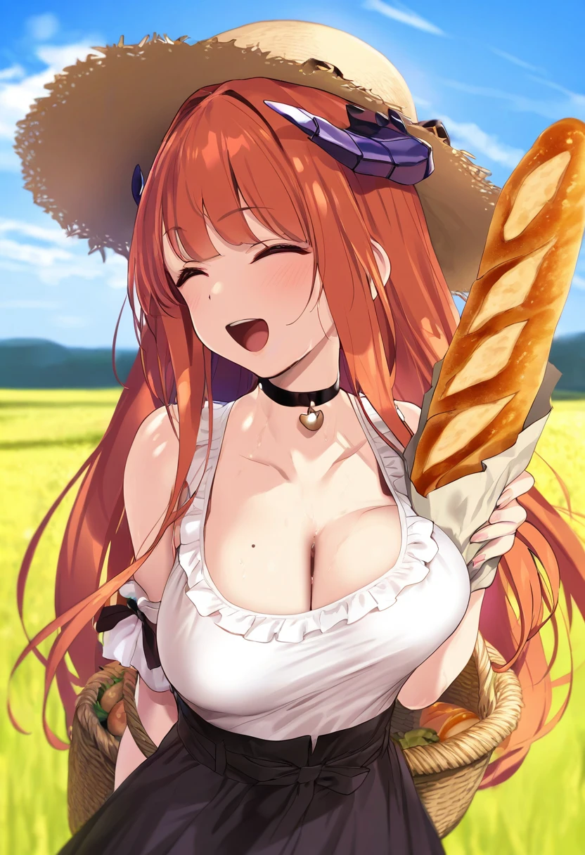 (yd,satou kuuki),kedama milk,[[[sho \(sho lwlw\)],ke-ta]], - 1girl,bagpipe \(arknights\),arknights,baguette,blush,bread,croissant,holding basket,pretzel,upper body,straw hat,field,sky,laughing,sweat,sunlight,