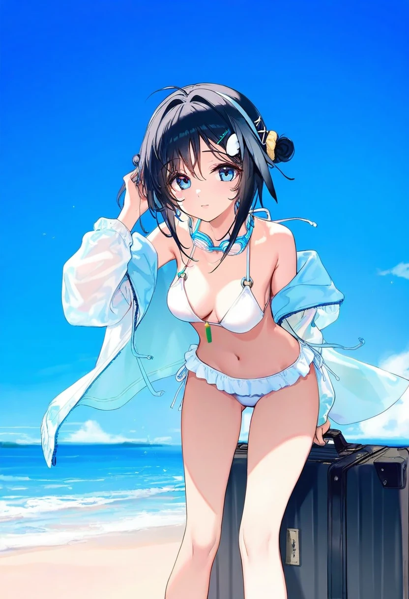 [kedama milk],ciloranko,ke-ta,Hiten,[ask\(askzy],[nekoda],[As109], - 1girl,la pluma \(summer flowers\) \(arknights\),arknights,white bikini,outdoors,navel,day,sky,blue sky,beach,suitcase,looking at viewer,ocean,low-tied long hair,leaning forward,standing,holding,frills,hand up,bare shoulders,floating hair,