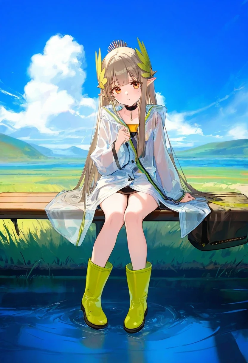 [kedama milk],ciloranko,ke-ta,Hiten,[ask\(askzy],[nekoda],[As109], - 1girl,muelsyse \(arknights\),arknights,cloudy sky,grass,on bench,outdoors,rain,road,yellow rubber boots,see-through coat,sitting,transparent raincoat,water drop,