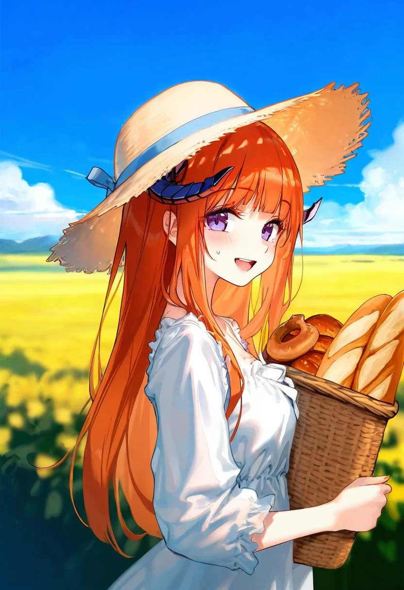 [kedama milk],ciloranko,ke-ta,Hiten,[ask\(askzy],[nekoda],[As109], - 1girl,bagpipe \(arknights\),arknights,baguette,blush,bread,croissant,holding basket,pretzel,upper body,straw hat,field,sky,laughing,sweat,sunlight,