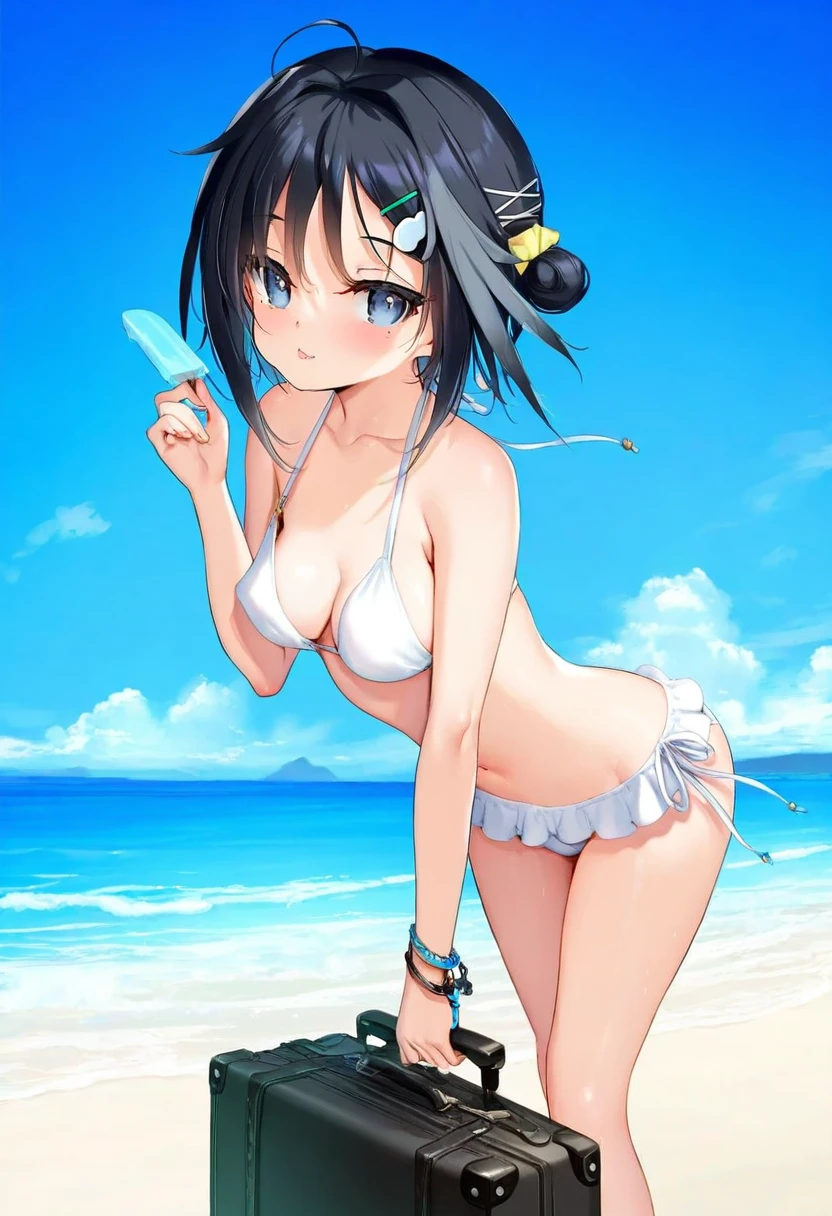 [kedama milk],momoco,ke-ta,chen bin,mignon,nekoda,[As109],Happoubi jin, - 1girl,la pluma \(summer flowers\) \(arknights\),arknights,white bikini,outdoors,navel,day,sky,blue sky,beach,suitcase,looking at viewer,ocean,low-tied long hair,leaning forward,standing,holding,frills,hand up,bare shoulders,floating hair,