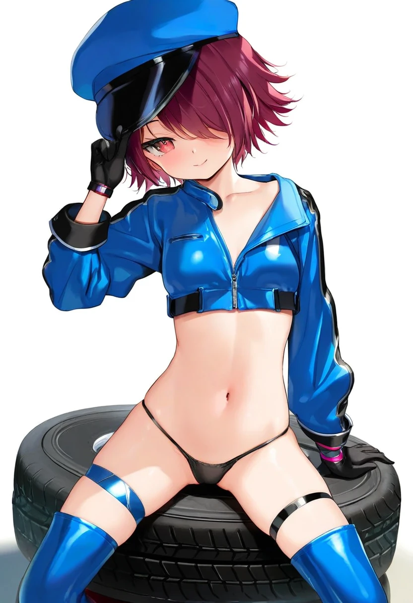 [kedama milk],momoco,ke-ta,chen bin,mignon,nekoda,[As109],Happoubi jin, - 1girl,exusiai \(arknights\),arknights,black gloves,black panties,blue thigh boots,blue hat,blue jacket,long sleeves,race queen,thigh strap,thong,single bare shoulder,skindentation,tire,