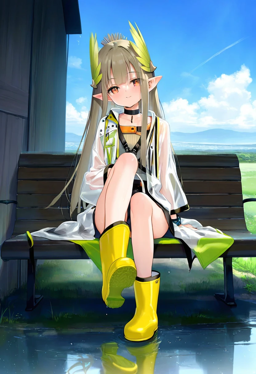 [kedama milk],momoco,ke-ta,chen bin,mignon,nekoda,[As109],Happoubi jin, - 1girl,muelsyse \(arknights\),arknights,cloudy sky,grass,on bench,outdoors,rain,road,yellow rubber boots,see-through coat,sitting,transparent raincoat,water drop,