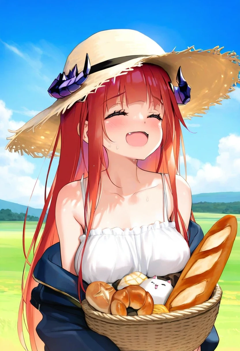 [kedama milk],momoco,ke-ta,chen bin,mignon,nekoda,[As109],Happoubi jin, - 1girl,bagpipe \(arknights\),arknights,baguette,blush,bread,croissant,holding basket,pretzel,upper body,straw hat,field,sky,laughing,sweat,sunlight,