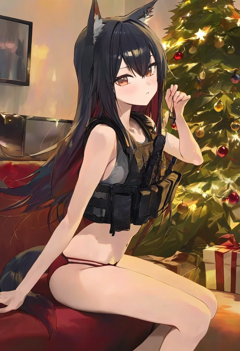 [kedama milk],modare,(chen bin),happobi jin, - 1girl,texas \(arknights\),arknights,underwear,tactical vest,christmas tree,christmas ornaments,