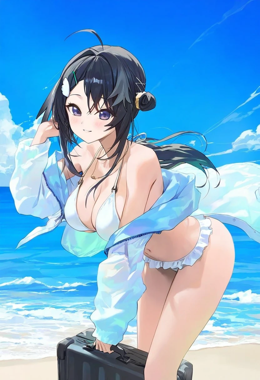 [kedama milk],modare,(chen bin),happobi jin, - 1girl,la pluma \(summer flowers\) \(arknights\),arknights,white bikini,outdoors,navel,day,sky,blue sky,beach,suitcase,looking at viewer,ocean,low-tied long hair,leaning forward,standing,holding,frills,hand up,bare shoulders,floating hair,