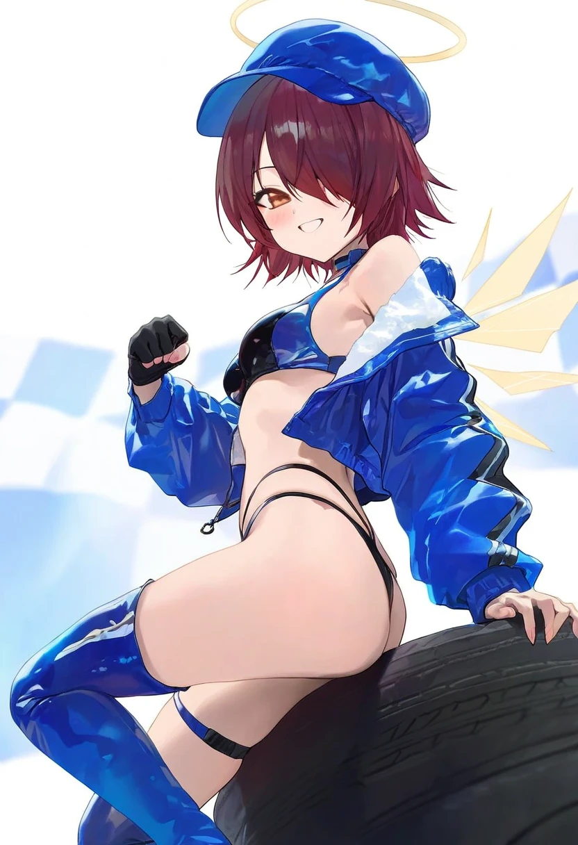 [kedama milk],modare,(chen bin),happobi jin, - 1girl,exusiai \(arknights\),arknights,black gloves,black panties,blue thigh boots,blue hat,blue jacket,long sleeves,race queen,thigh strap,thong,single bare shoulder,skindentation,tire,