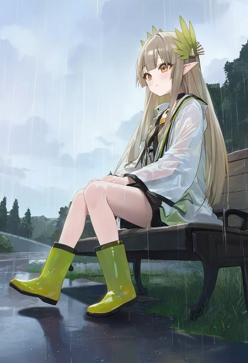 [kedama milk],modare,(chen bin),happobi jin, - 1girl,muelsyse \(arknights\),arknights,cloudy sky,grass,on bench,outdoors,rain,road,yellow rubber boots,see-through coat,sitting,transparent raincoat,water drop,