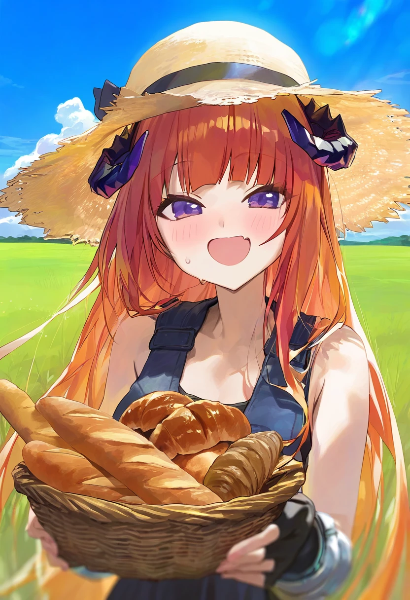 [kedama milk],modare,(chen bin),happobi jin, - 1girl,bagpipe \(arknights\),arknights,baguette,blush,bread,croissant,holding basket,pretzel,upper body,straw hat,field,sky,laughing,sweat,sunlight,