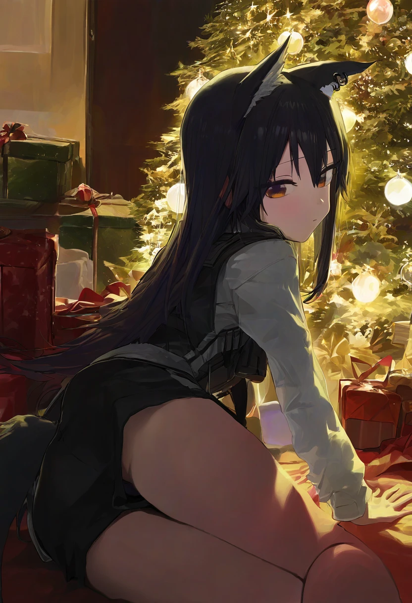 ((healthyman,modare,atte7kusa,zurikishi)), - 1girl,texas \(arknights\),arknights,underwear,tactical vest,christmas tree,christmas ornaments,
