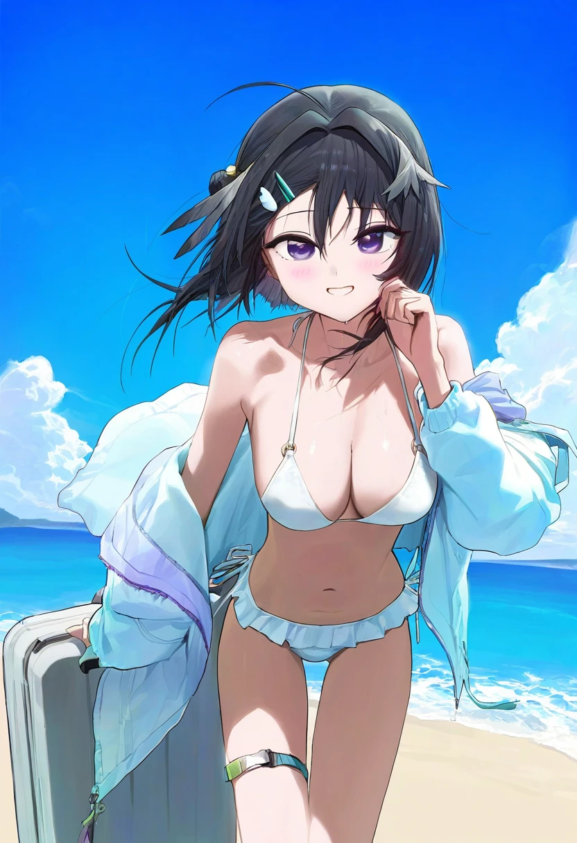 ((healthyman,modare,atte7kusa,zurikishi)), - 1girl,la pluma \(summer flowers\) \(arknights\),arknights,white bikini,outdoors,navel,day,sky,blue sky,beach,suitcase,looking at viewer,ocean,low-tied long hair,leaning forward,standing,holding,frills,hand up,bare shoulders,floating hair,