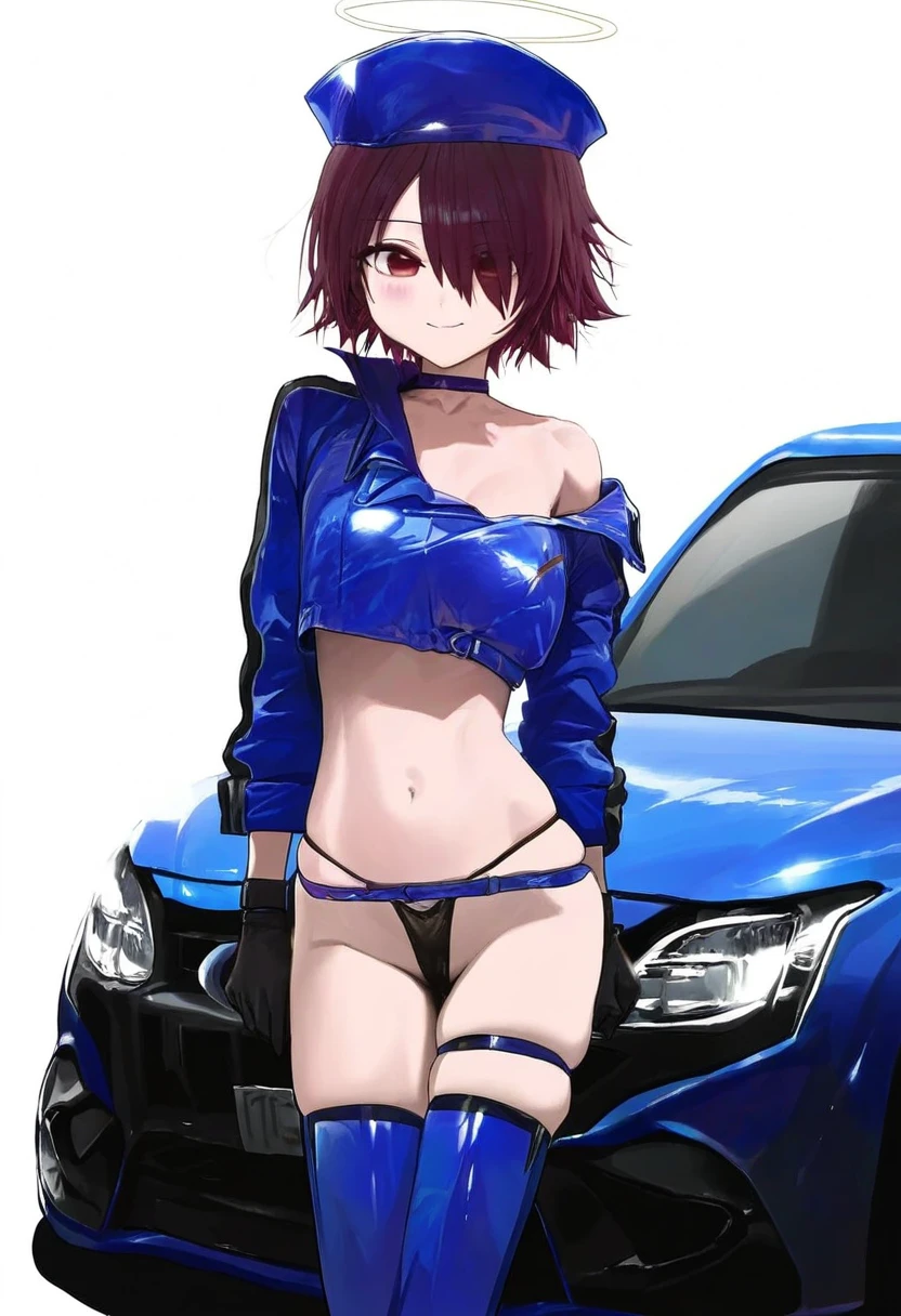 ((healthyman,modare,atte7kusa,zurikishi)), - 1girl,exusiai \(arknights\),arknights,black gloves,black panties,blue thigh boots,blue hat,blue jacket,long sleeves,race queen,thigh strap,thong,single bare shoulder,skindentation,tire,