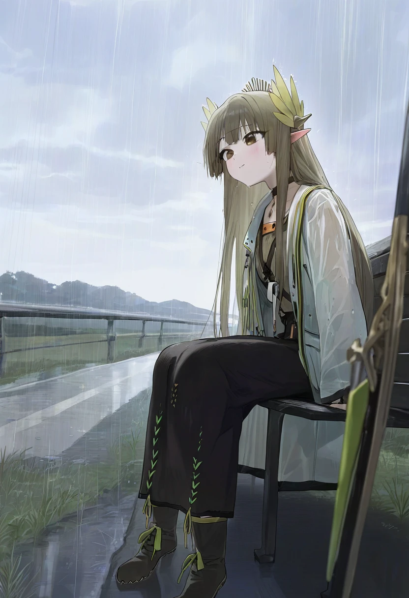 ((healthyman,modare,atte7kusa,zurikishi)), - 1girl,muelsyse \(arknights\),arknights,cloudy sky,grass,on bench,outdoors,rain,road,yellow rubber boots,see-through coat,sitting,transparent raincoat,water drop,