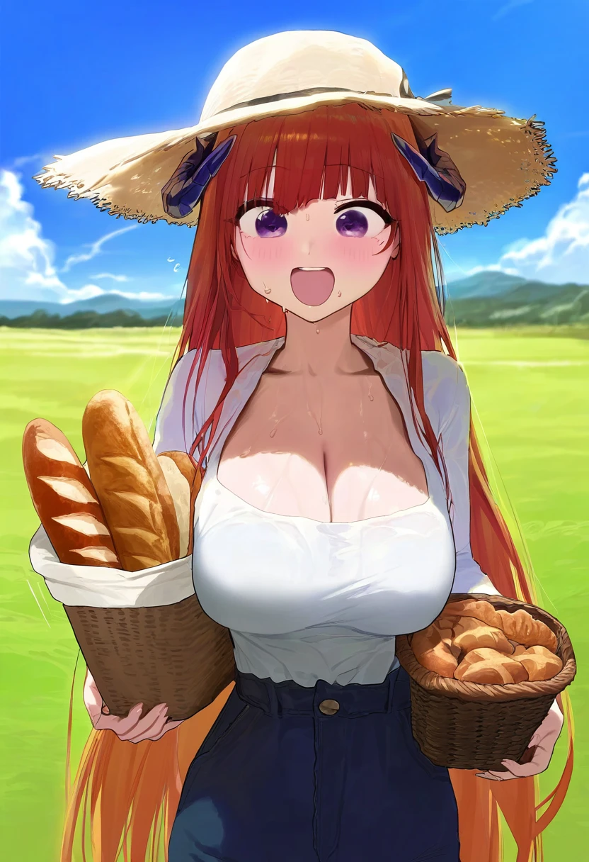 ((healthyman,modare,atte7kusa,zurikishi)), - 1girl,bagpipe \(arknights\),arknights,baguette,blush,bread,croissant,holding basket,pretzel,upper body,straw hat,field,sky,laughing,sweat,sunlight,