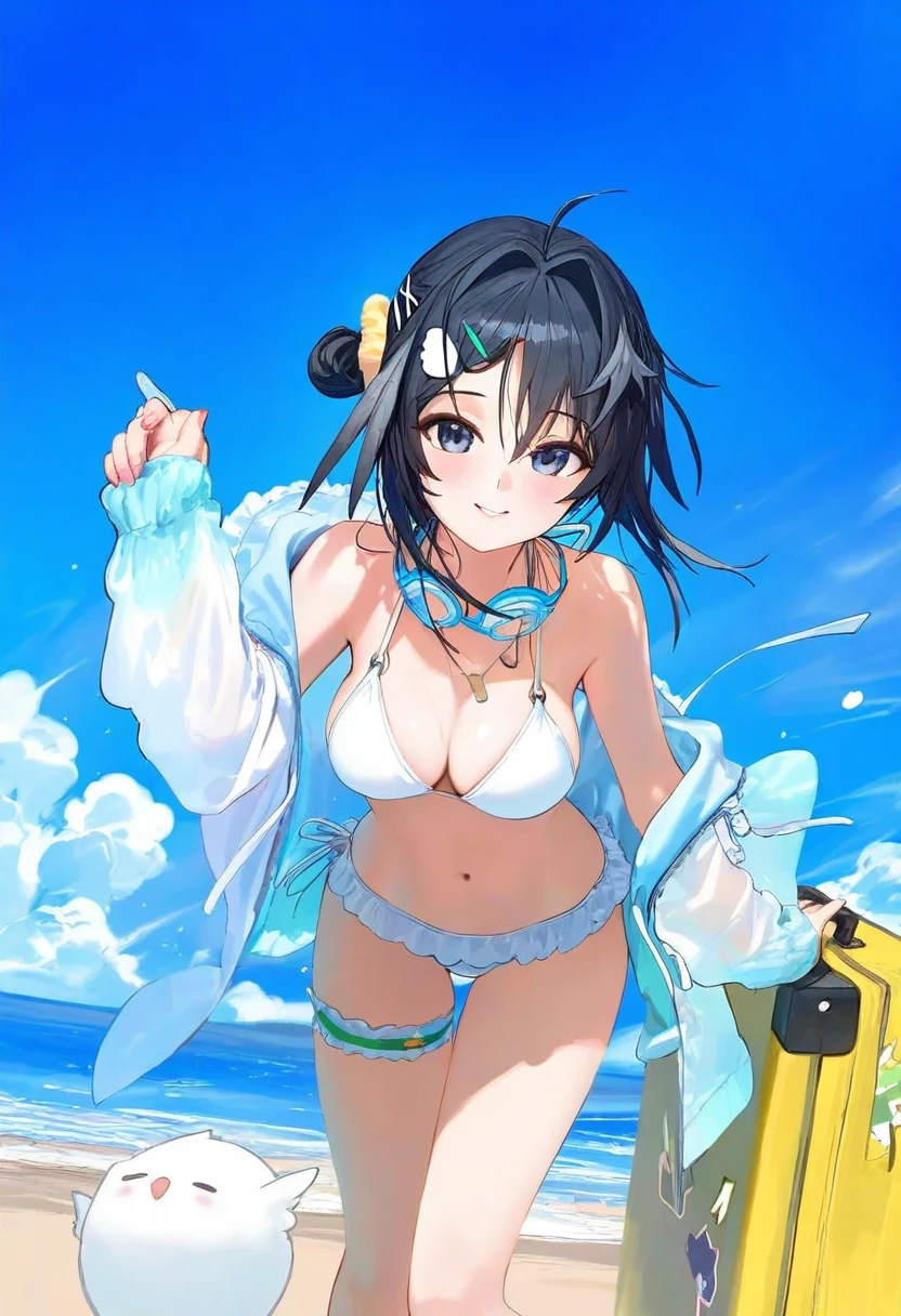 [modare],ciloranko,[ryota \(ry o ta\)]],kedama milk,[[nekoda \(maoda\)]],wlop, - 1girl,la pluma \(summer flowers\) \(arknights\),arknights,white bikini,outdoors,navel,day,sky,blue sky,beach,suitcase,looking at viewer,ocean,low-tied long hair,leaning forward,standing,holding,frills,hand up,bare shoulders,floating hair,