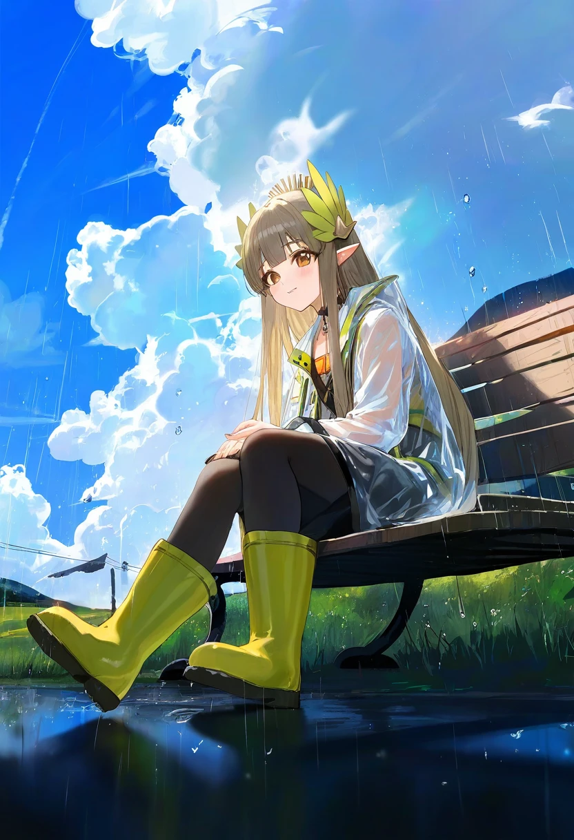 [modare],ciloranko,[ryota \(ry o ta\)]],kedama milk,[[nekoda \(maoda\)]],wlop, - 1girl,muelsyse \(arknights\),arknights,cloudy sky,grass,on bench,outdoors,rain,road,yellow rubber boots,see-through coat,sitting,transparent raincoat,water drop,