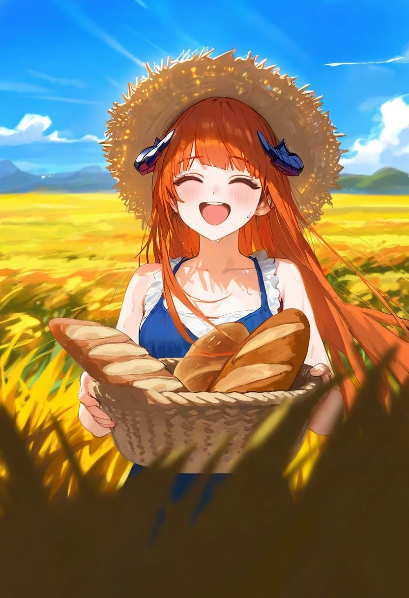 [modare],ciloranko,[ryota \(ry o ta\)]],kedama milk,[[nekoda \(maoda\)]],wlop, - 1girl,bagpipe \(arknights\),arknights,baguette,blush,bread,croissant,holding basket,pretzel,upper body,straw hat,field,sky,laughing,sweat,sunlight,