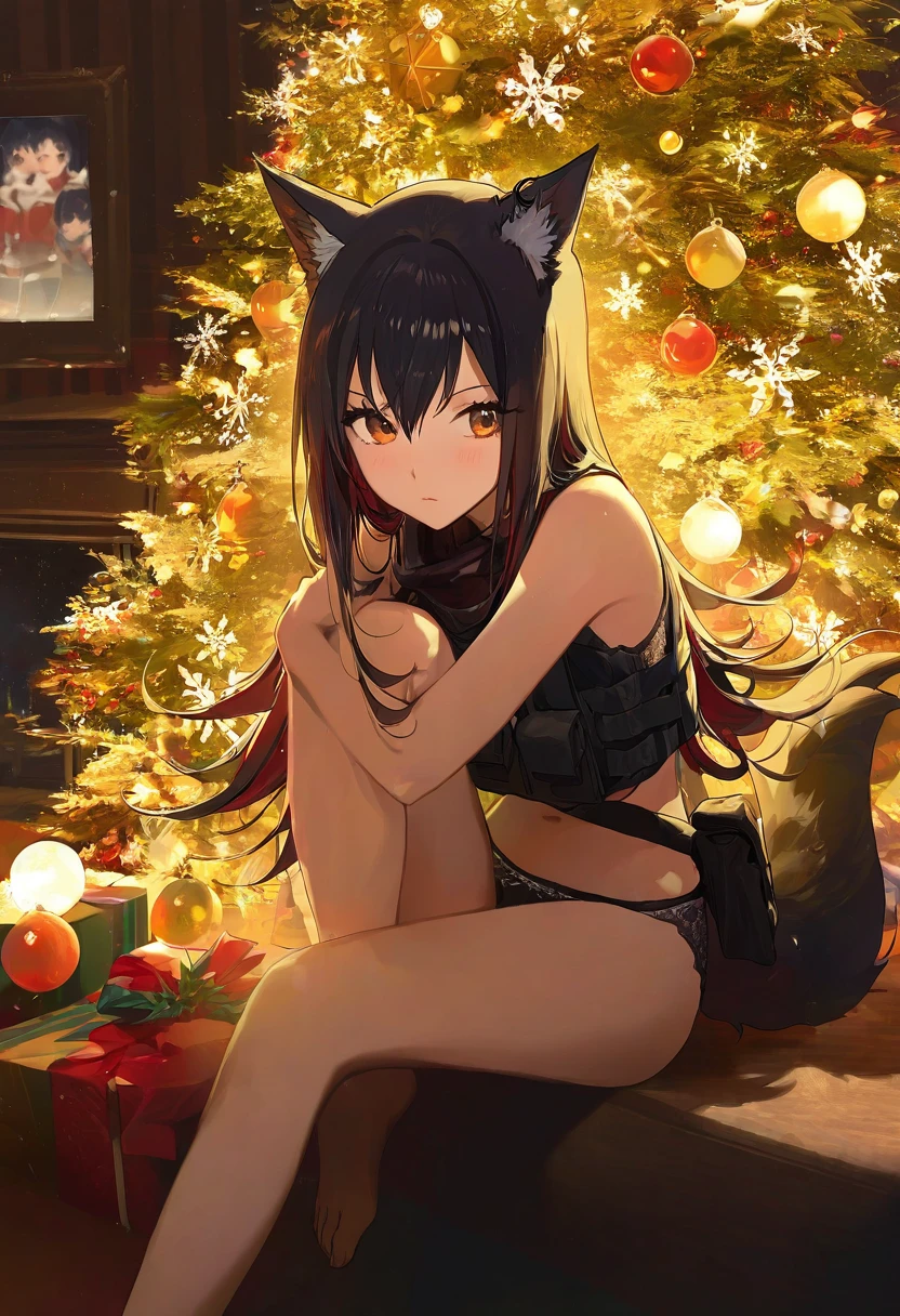 modare,ask \(askzy\),(Morikura En),(hiten),Rella,banishment, - 1girl,texas \(arknights\),arknights,underwear,tactical vest,christmas tree,christmas ornaments,