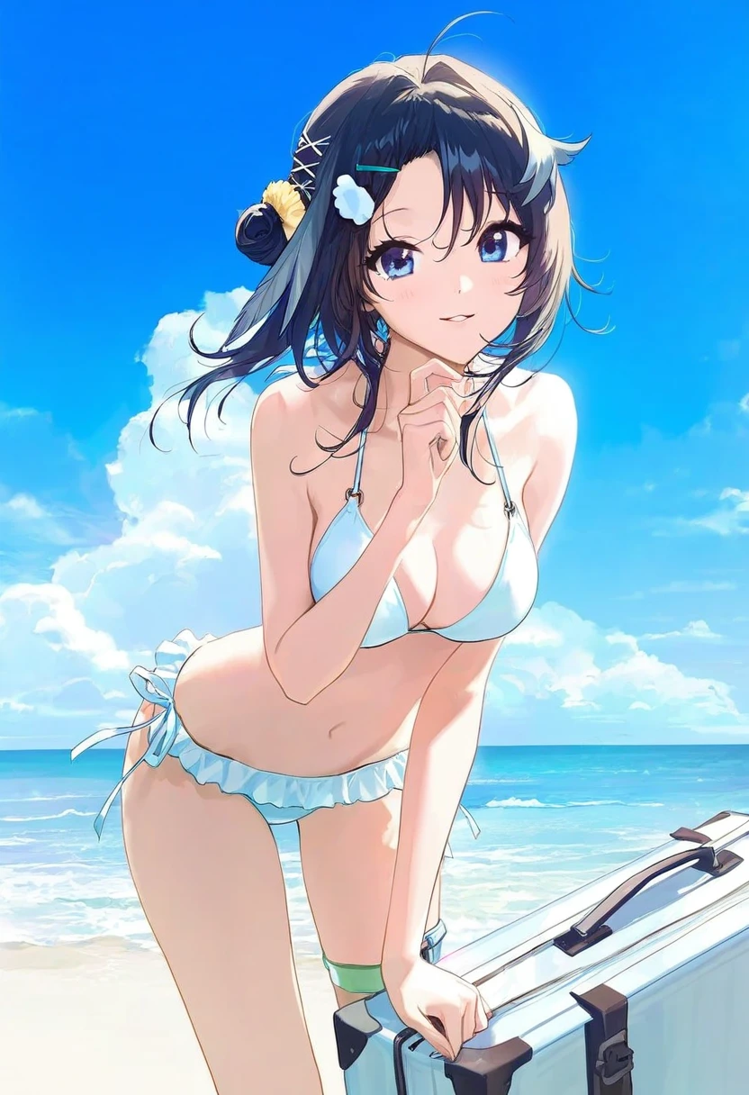 modare,ask \(askzy\),(Morikura En),(hiten),Rella,banishment, - 1girl,la pluma \(summer flowers\) \(arknights\),arknights,white bikini,outdoors,navel,day,sky,blue sky,beach,suitcase,looking at viewer,ocean,low-tied long hair,leaning forward,standing,holding,frills,hand up,bare shoulders,floating hair,