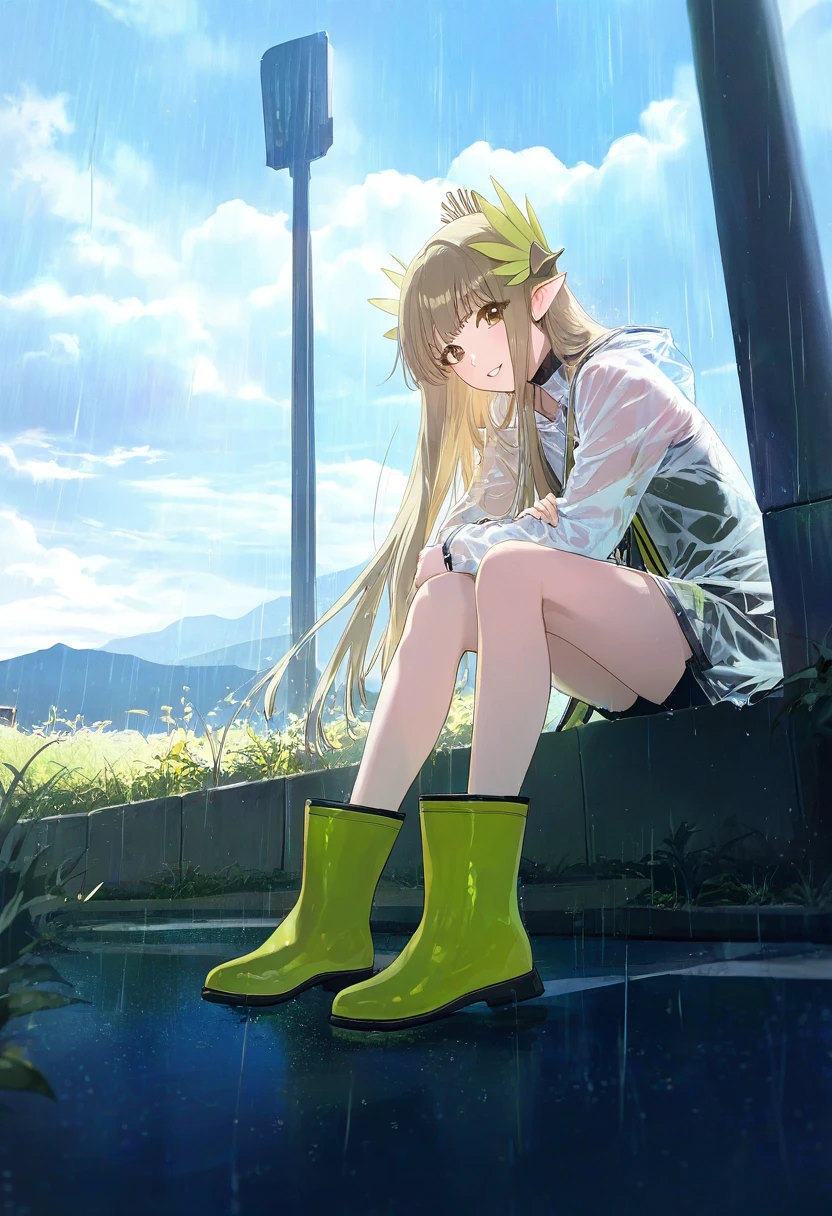 modare,ask \(askzy\),(Morikura En),(hiten),Rella,banishment, - 1girl,muelsyse \(arknights\),arknights,cloudy sky,grass,on bench,outdoors,rain,road,yellow rubber boots,see-through coat,sitting,transparent raincoat,water drop,