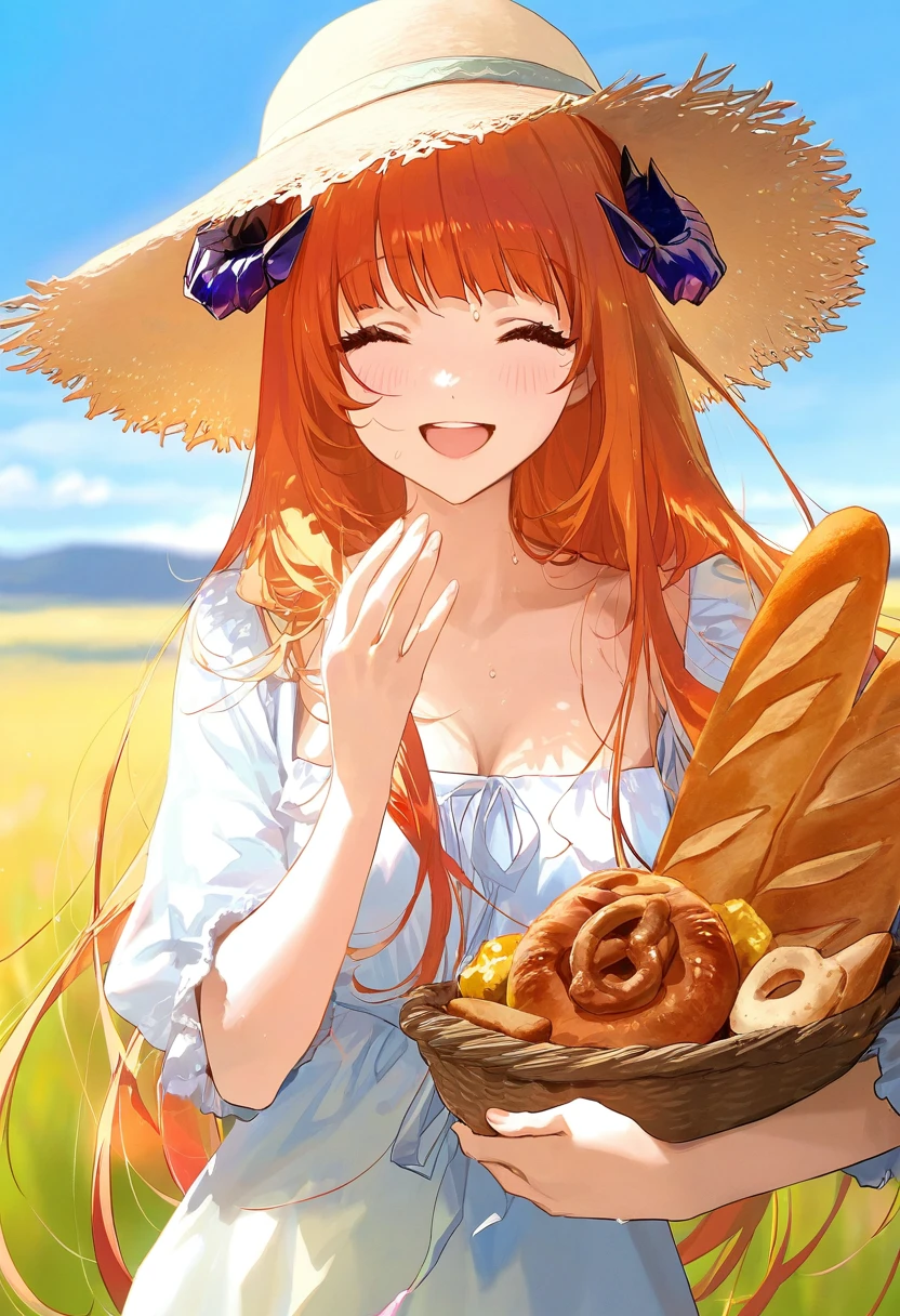 modare,ask \(askzy\),(Morikura En),(hiten),Rella,banishment, - 1girl,bagpipe \(arknights\),arknights,baguette,blush,bread,croissant,holding basket,pretzel,upper body,straw hat,field,sky,laughing,sweat,sunlight,