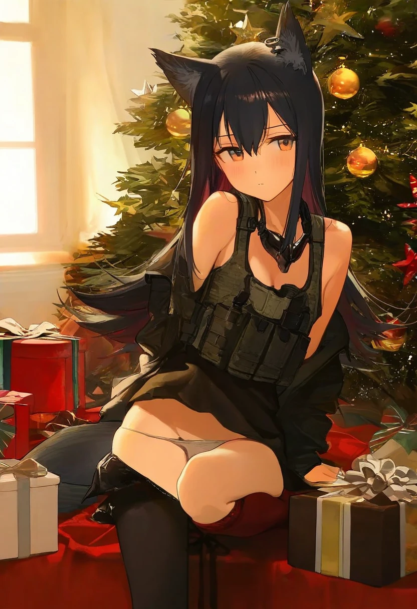 kylin,luicent,duoyuanjun,liduke,wagashi \(dagashiya\),healthyman,shimada fumikane,astg,himura kiseki,ame \(uten cancel\),mikozin,ask \(askzy\),yonchan,modare, - 1girl,texas \(arknights\),arknights,underwear,tactical vest,christmas tree,christmas ornaments,