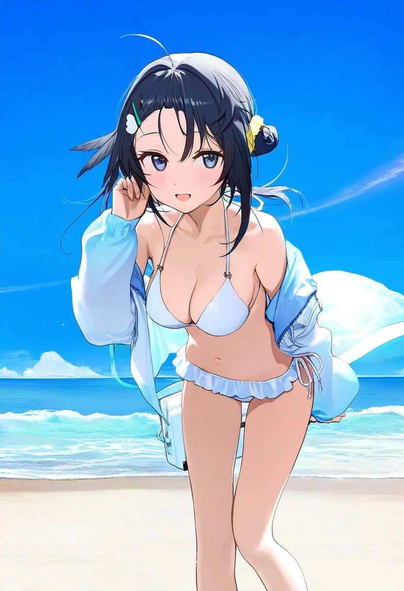 kylin,luicent,duoyuanjun,liduke,wagashi \(dagashiya\),healthyman,shimada fumikane,astg,himura kiseki,ame \(uten cancel\),mikozin,ask \(askzy\),yonchan,modare, - 1girl,la pluma \(summer flowers\) \(arknights\),arknights,white bikini,outdoors,navel,day,sky,blue sky,beach,suitcase,looking at viewer,ocean,low-tied long hair,leaning forward,standing,holding,frills,hand up,bare shoulders,floating hair,