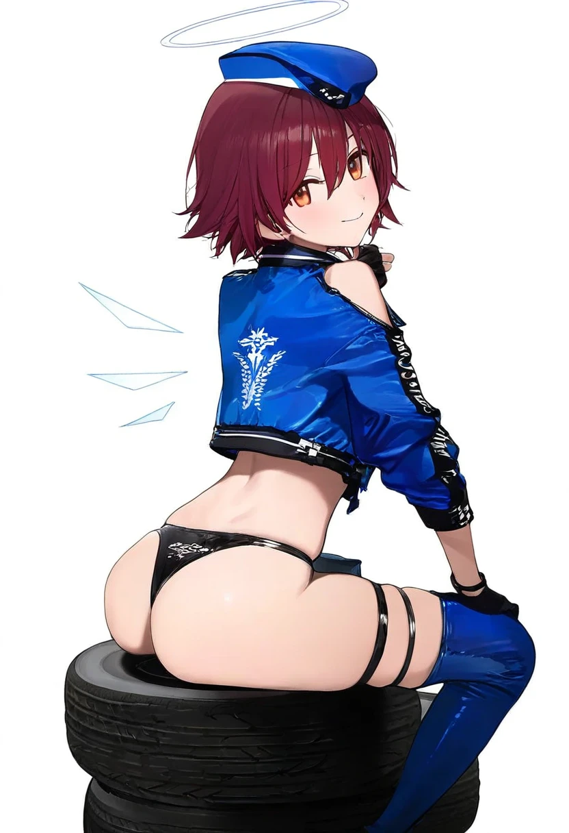 kylin,luicent,duoyuanjun,liduke,wagashi \(dagashiya\),healthyman,shimada fumikane,astg,himura kiseki,ame \(uten cancel\),mikozin,ask \(askzy\),yonchan,modare, - 1girl,exusiai \(arknights\),arknights,black gloves,black panties,blue thigh boots,blue hat,blue jacket,long sleeves,race queen,thigh strap,thong,single bare shoulder,skindentation,tire,