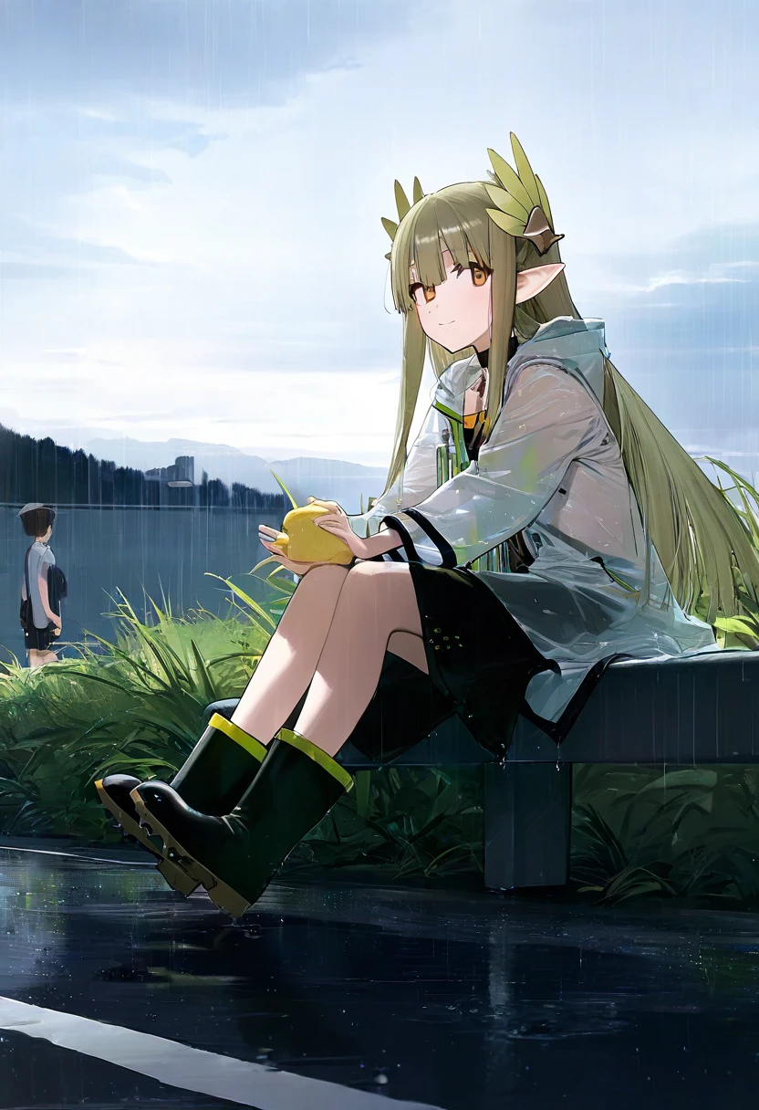 kylin,luicent,duoyuanjun,liduke,wagashi \(dagashiya\),healthyman,shimada fumikane,astg,himura kiseki,ame \(uten cancel\),mikozin,ask \(askzy\),yonchan,modare, - 1girl,muelsyse \(arknights\),arknights,cloudy sky,grass,on bench,outdoors,rain,road,yellow rubber boots,see-through coat,sitting,transparent raincoat,water drop,
