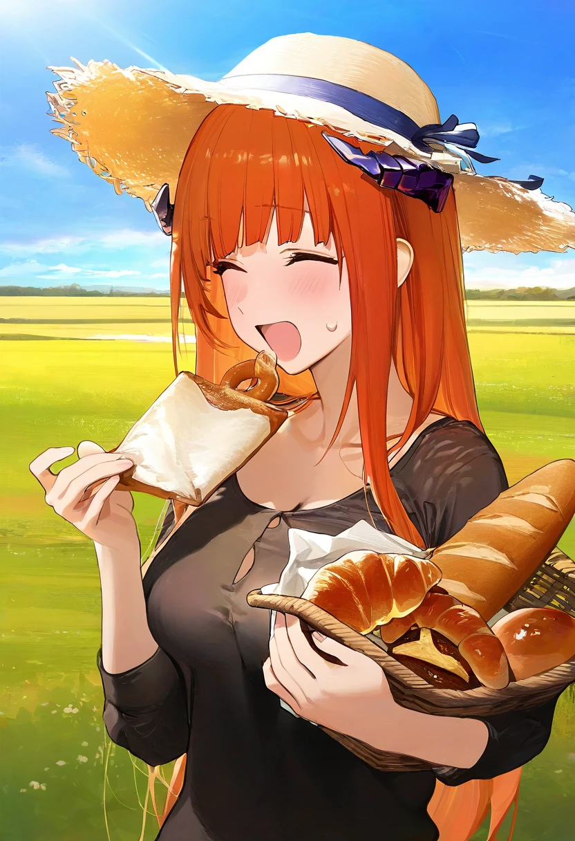 kylin,luicent,duoyuanjun,liduke,wagashi \(dagashiya\),healthyman,shimada fumikane,astg,himura kiseki,ame \(uten cancel\),mikozin,ask \(askzy\),yonchan,modare, - 1girl,bagpipe \(arknights\),arknights,baguette,blush,bread,croissant,holding basket,pretzel,upper body,straw hat,field,sky,laughing,sweat,sunlight,