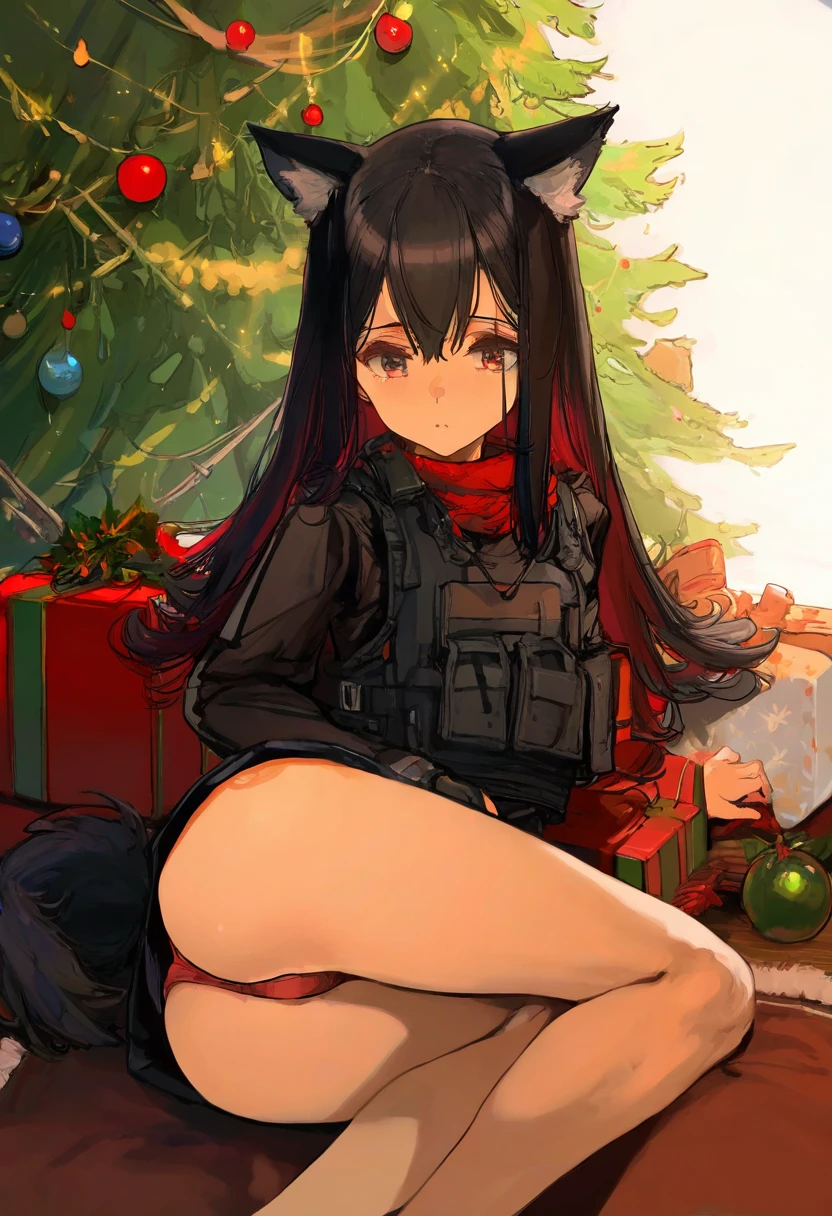 (Endou Okito),[as109],[ciloranko],[oyariashito],[[cutesexyrobutts]], - 1girl,texas \(arknights\),arknights,underwear,tactical vest,christmas tree,christmas ornaments,