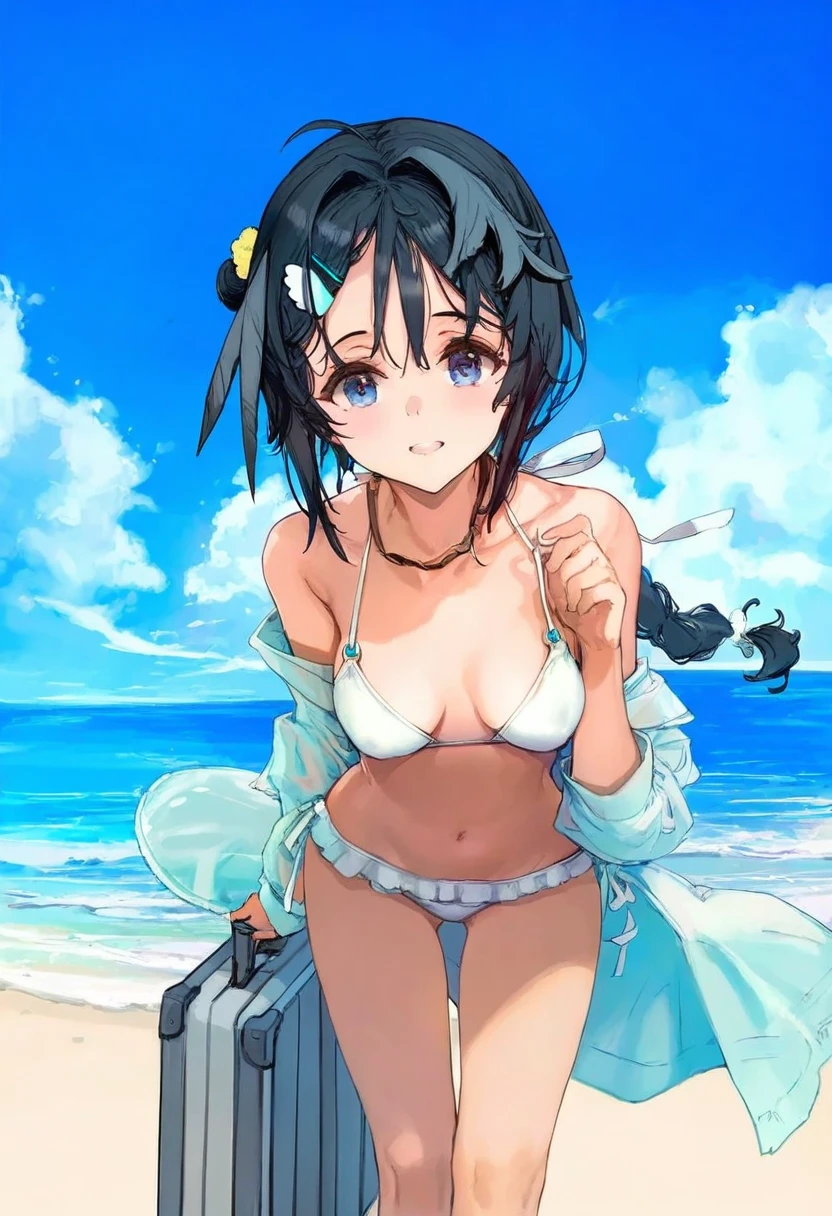 (Endou Okito),[as109],[ciloranko],[oyariashito],[[cutesexyrobutts]], - 1girl,la pluma \(summer flowers\) \(arknights\),arknights,white bikini,outdoors,navel,day,sky,blue sky,beach,suitcase,looking at viewer,ocean,low-tied long hair,leaning forward,standing,holding,frills,hand up,bare shoulders,floating hair,