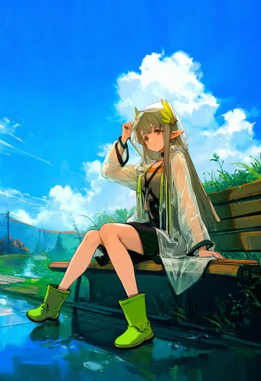 (Endou Okito),[as109],[ciloranko],[oyariashito],[[cutesexyrobutts]], - 1girl,muelsyse \(arknights\),arknights,cloudy sky,grass,on bench,outdoors,rain,road,yellow rubber boots,see-through coat,sitting,transparent raincoat,water drop,