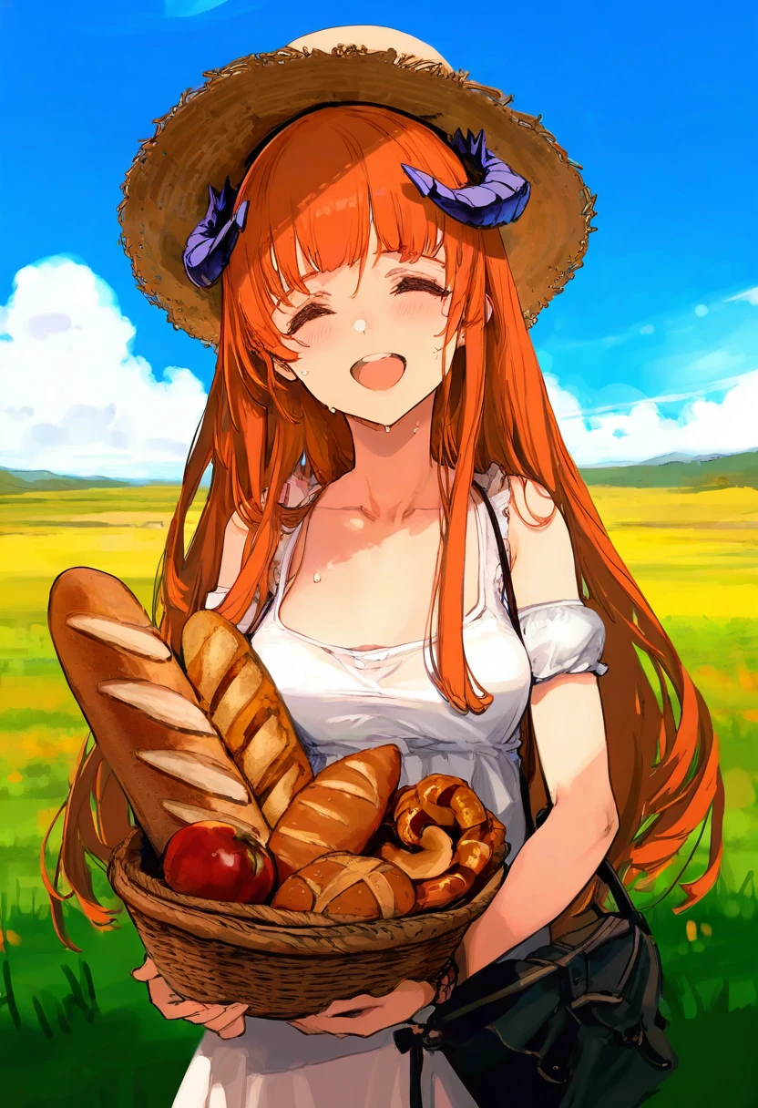 (Endou Okito),[as109],[ciloranko],[oyariashito],[[cutesexyrobutts]], - 1girl,bagpipe \(arknights\),arknights,baguette,blush,bread,croissant,holding basket,pretzel,upper body,straw hat,field,sky,laughing,sweat,sunlight,