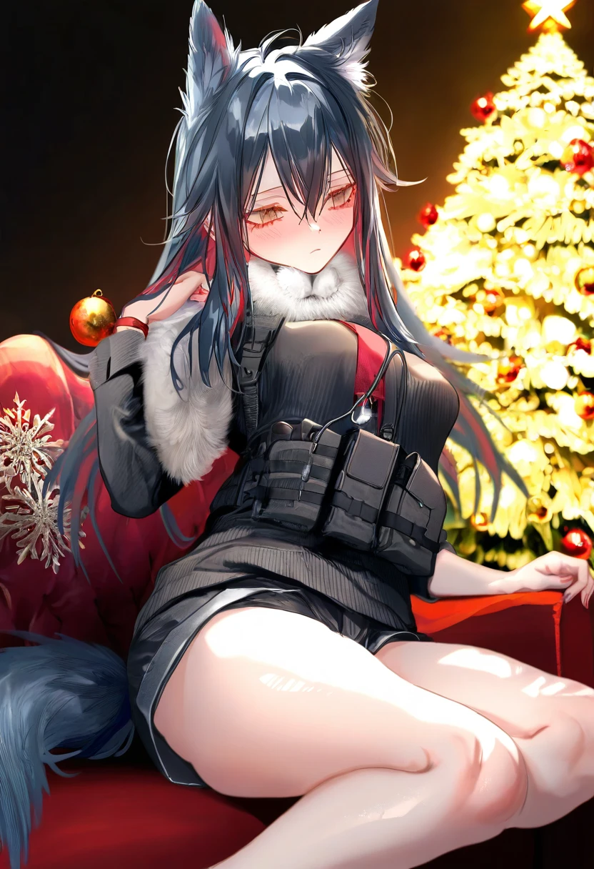 ((pottsness)),[[onineko]][[as109]], - 1girl,texas \(arknights\),arknights,underwear,tactical vest,christmas tree,christmas ornaments,