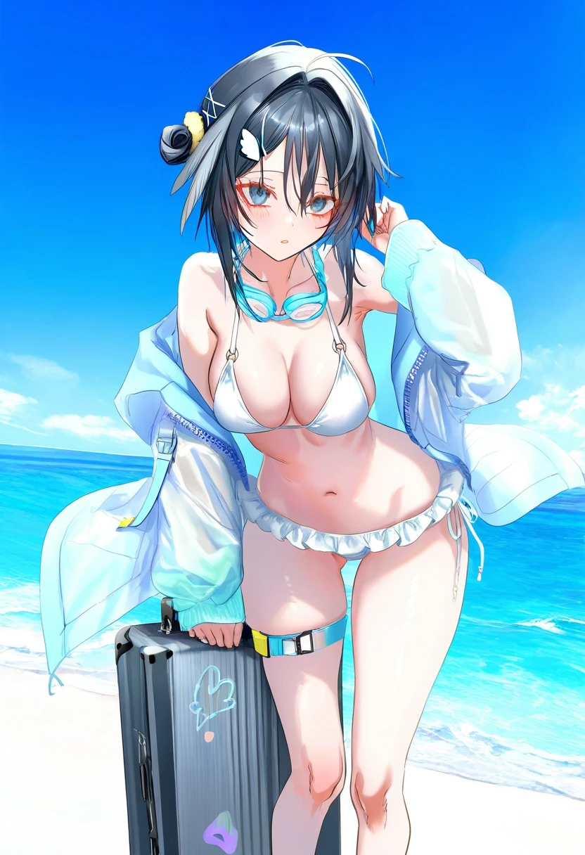 ((pottsness)),[[onineko]][[as109]], - 1girl,la pluma \(summer flowers\) \(arknights\),arknights,white bikini,outdoors,navel,day,sky,blue sky,beach,suitcase,looking at viewer,ocean,low-tied long hair,leaning forward,standing,holding,frills,hand up,bare shoulders,floating hair,