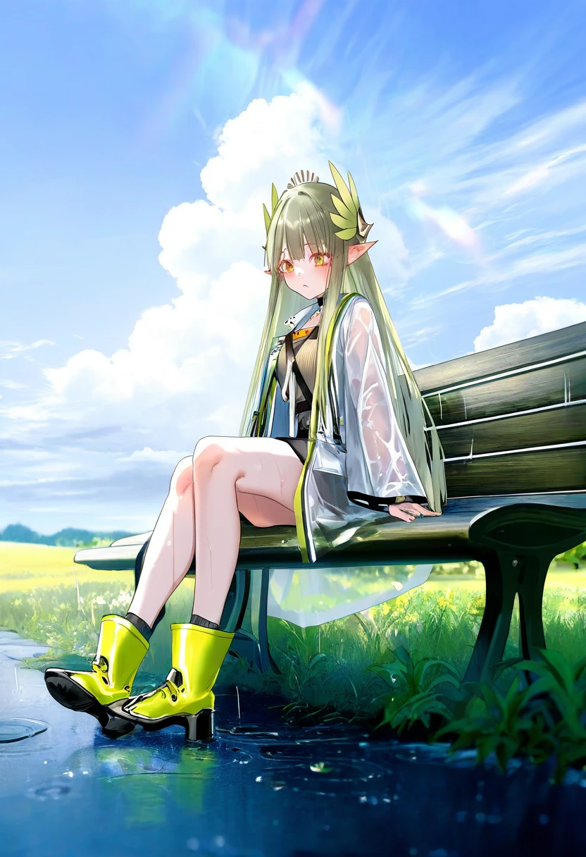 ((pottsness)),[[onineko]][[as109]], - 1girl,muelsyse \(arknights\),arknights,cloudy sky,grass,on bench,outdoors,rain,road,yellow rubber boots,see-through coat,sitting,transparent raincoat,water drop,