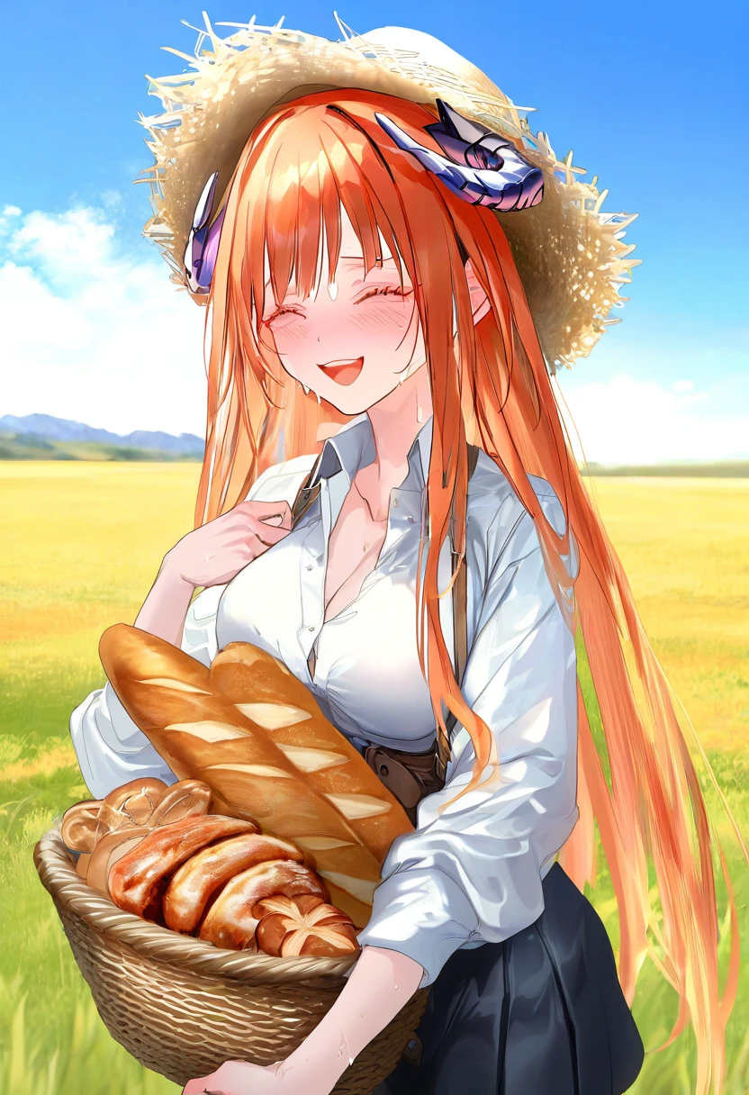 ((pottsness)),[[onineko]][[as109]], - 1girl,bagpipe \(arknights\),arknights,baguette,blush,bread,croissant,holding basket,pretzel,upper body,straw hat,field,sky,laughing,sweat,sunlight,